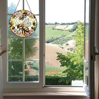 Bee Wildflower Stained Glass Window Hanging Bee Sun Catcher Honeybee Gifts for Women Christmas Suncatchers for Garden Home Windows Hanging Decoration, 7.87inch