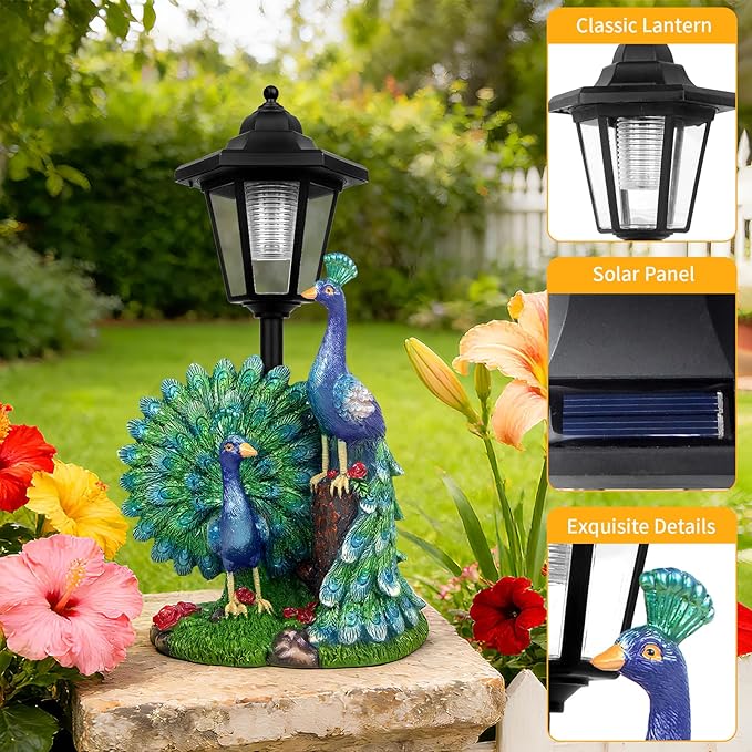 Solar Peacock Decor Outdoor, Garden Statue with Lantern for Patio Lawn Pathway Landscape Decoration Gift Gifts for Mother's Day Birthday Housewarming