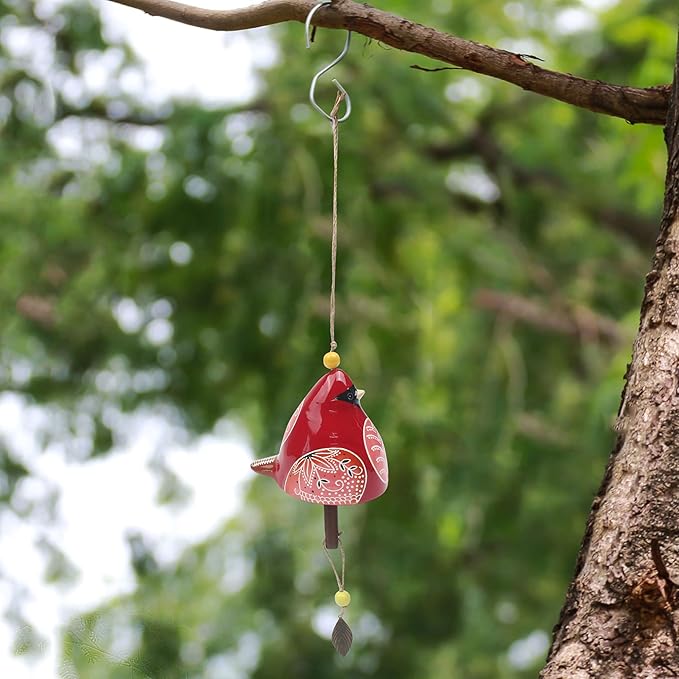 Bird Song Bell Wind Chime, Ceramic Cardinal Fashion Hanging Windchimes for Rustic Music Garden Backyard Church Decoration Porch Outside Outdoor Festival Memorial Gift Witness Friendship (Red)