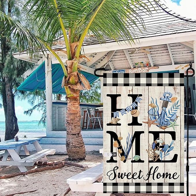 ORTIGIA Beach Garden Flag 12.5 x 18 Inch Double Sided Burlap Home Sweet Home Blue Anchor Starfish Seashell Coastal Ocean Small Yard Flag Summer Holiday Seasonal Outdoor Outside Decoration