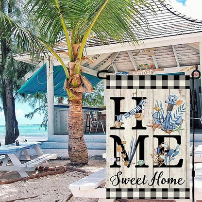 ORTIGIA Beach Garden Flag 12.5 x 18 Inch Double Sided Burlap Home Sweet Home Blue Anchor Starfish Seashell Coastal Ocean Small Yard Flag Summer Holiday Seasonal Outdoor Outside Decoration