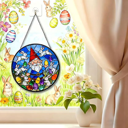 Funoasis Easter Bunny and Gnome Stained Glass Suncatcher - 6.3 Inches Window Hanging Ornaments for Spring Holiday Home Decoration