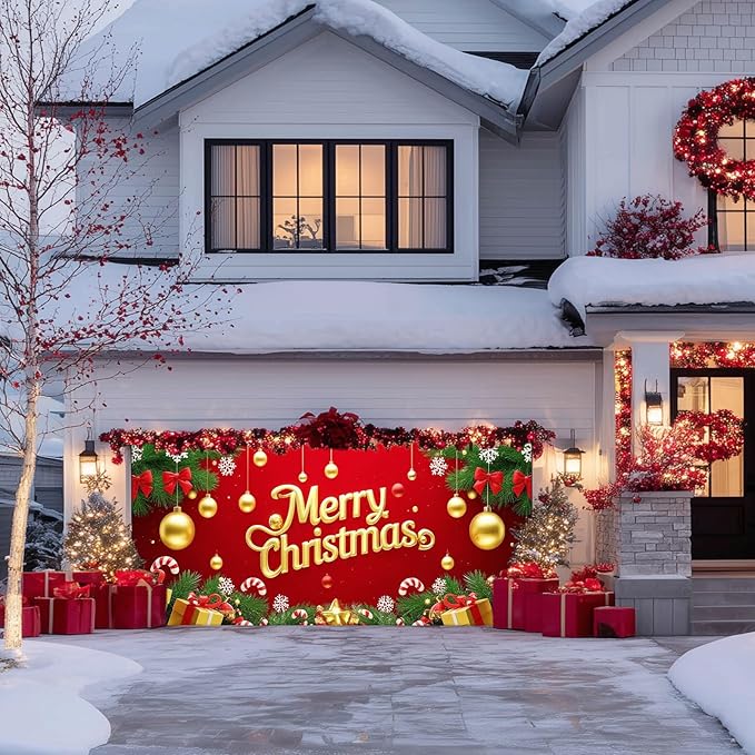 IVN Merry Christmas Happy New Year Garage Door Banner 13x6 ft Christmas Garage Door Cover Wnter Scene Background Indoor Outdoor Red Gold Snowflake Candy Cane Ornaments Gift Boxes Holiday Decorations for Home and Events Wall Backdrop Decor