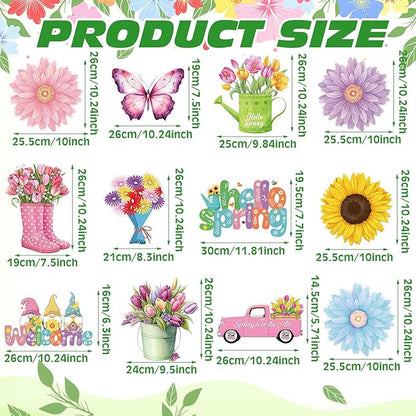 Amyhill 12 Pack Hello Spring Yard Decoration Outdoor Flower Garden Lawn Stake Signs with Stakes Waterproof Spring Garden Decor for Holiday Party Patio Lawn Walkway Outside (Retro Style)