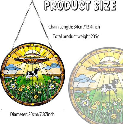Cow Wildflowers Stained Glass Window Hanging UFO Abduction Sun Catcher Funny Gifts for Women Room Decor Handmade SunCatcher Decoration for Home Window Decor, 7.87inch