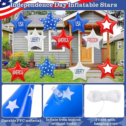 18 Pcs 12 Inch 4th of July Inflatables Outdoor Decorations 250th Anniversary Patriotic Star Ornaments Blow up PVC Inflatable Star Hanging Ornaments for American Veterans Party Festival