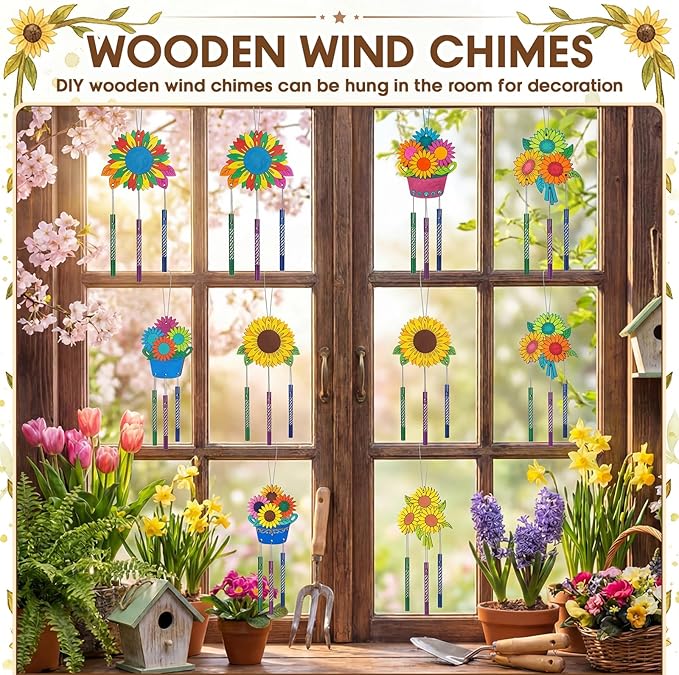 Leinuosen 30 Pcs Wind Chime Kit Sunflower Wooden Wind Chimes Decorative Sunflower Windchimes Hanging Dragonfly DIY Crafts for Indoor Outdoor Garden Home Patio Party Crafts Decorations