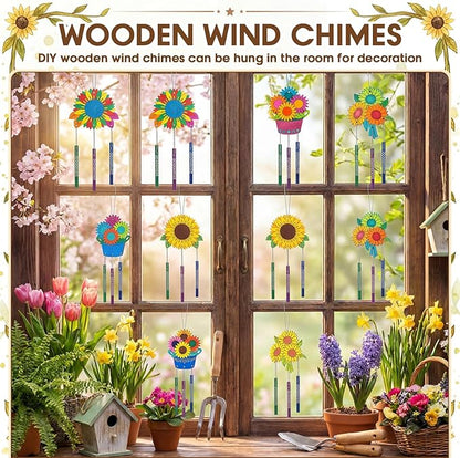 Leinuosen 30 Pcs Wind Chime Kit Sunflower Wooden Wind Chimes Decorative Sunflower Windchimes Hanging Dragonfly DIY Crafts for Indoor Outdoor Garden Home Patio Party Crafts Decorations