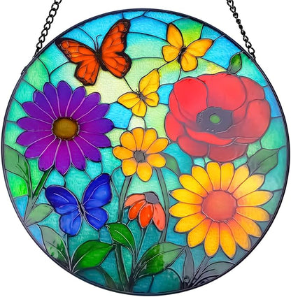 Wildflowers Stained Glass Window Hanging, Wildflowers Suncatcher for Indoor Window, Floral Stained Glass Decor for Garden, Home, Outdoor, Sun Catchers Birthday Gift for Women,Lovers and Mom 12 Inch