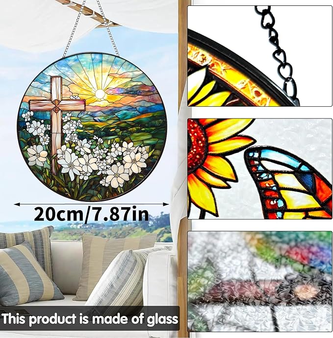 VAIIEYO Cross Sun Catcher Stained Glass Window Hanging Ornament, Handmade Sun Catcher Flower Religion Decoration with Hooks for Window Garden Home, Mother's Day & Birthday Housewarming Gift (7.8 inch)