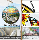 VAIIEYO Cross Sun Catcher Stained Glass Window Hanging Ornament, Handmade Sun Catcher Flower Religion Decoration with Hooks for Window Garden Home, Mother's Day & Birthday Housewarming Gift (7.8 inch)