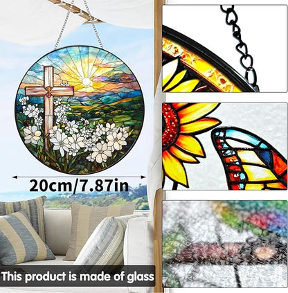 VAIIEYO Cross Sun Catcher Stained Glass Window Hanging Ornament, Handmade Sun Catcher Flower Religion Decoration with Hooks for Window Garden Home, Mother's Day & Birthday Housewarming Gift (7.8 inch)