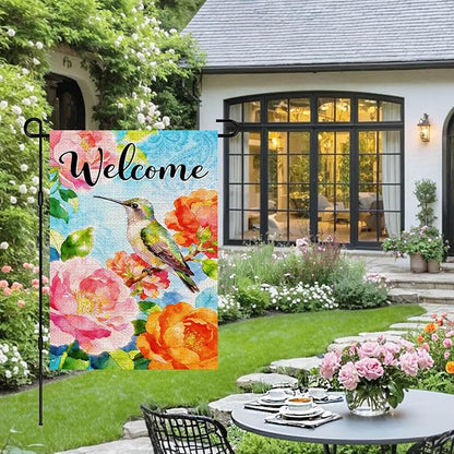 IVN Welcome Hummingbird Garden Flag 12x18 Inch – Colorful Floral Peony Spring Summer Outdoor Flag, Double Sided Burlap Farmhouse Yard Flag for Porch Lawn Patio Decor