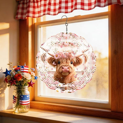 Wind Spinners Cute Cow Floral Crown Art 9.8 x 9.8 Inch Metal Wind Spinner Outdoor Garden Decor Soft Farm Illustration Decorative Wind Spinners for Yard Patio