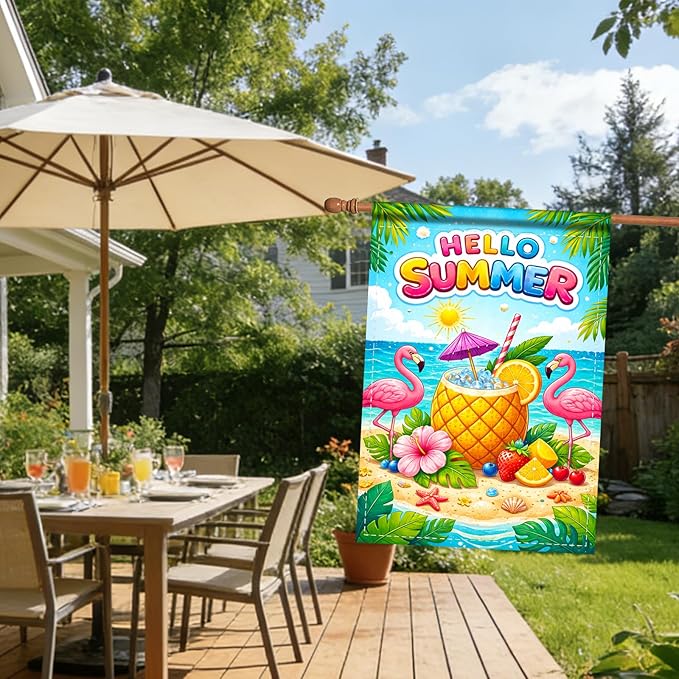 Nuxovilar Large Summer Garden Flag Hello Summer Flamingo Pineapple Beach Pattern Polyester 28×40 Inches Garden Flags for Outside Tropical Decor Yard Porch Seaside