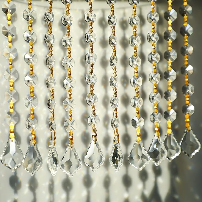 10pcs Crystal Garland Strands Hanging Glass Chandelier Beads Chains Crystal Chandelier Replacements Wedding Decoration for Christmas Party Gold Pinning