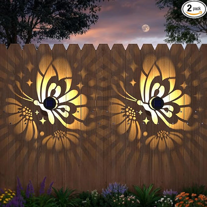 Hapjoy Solar Fence Lights 2 Pack Outdoor Deck Step Wall Lights Metal Waterproof LED Warm Yellow Light for Garden Post Patio Backyard Yard Decor (Butterfly-Flower, 2)