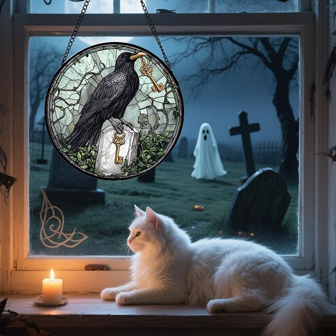 Stained Glass Window Hanging - Halloween Crow Holding A Key Suncatcher for Doors Garden Home Spooky Green Vines Sun Catchers Gothic Decor Horror Gift for Women Men Friend Boy Girl 6.3 in