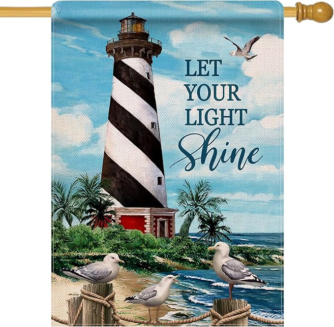 Dyrenson Let Your Light Shine Summer Lighthouse Beach Coastal Decorative House Flag, Ocean Beach Garden Yard Outside Decorations Outdoor Large Decor 28x40