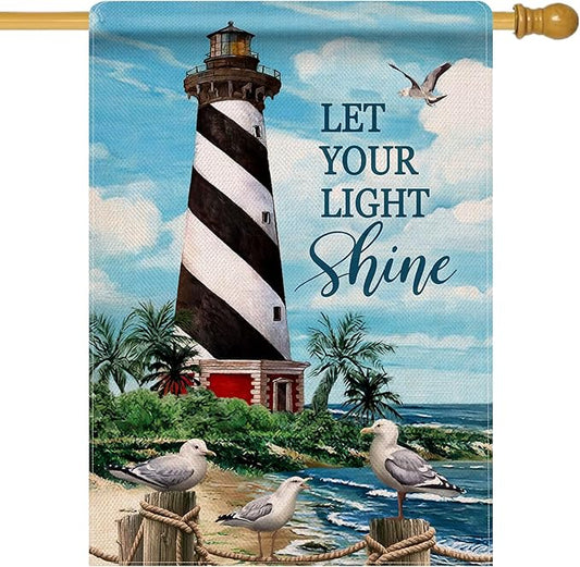 Dyrenson Let Your Light Shine Summer Lighthouse Beach Coastal Decorative House Flag, Ocean Beach Garden Yard Outside Decorations Outdoor Large Decor 28x40