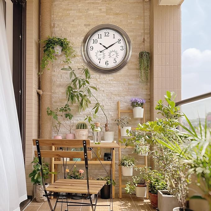 16 Inch Outdoor Clocks, Metal-Frame Outdoor Clocks Waterproof, Silent Outdoor Wall Clock for Patio Pool, Bronze