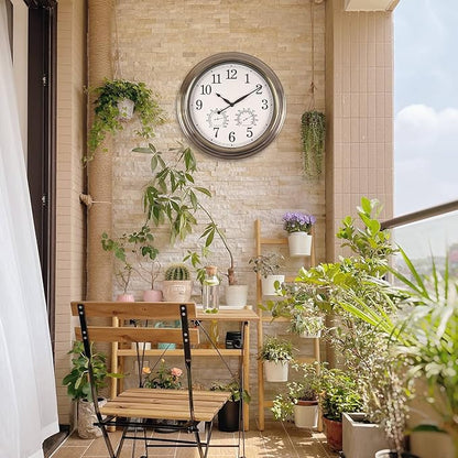 16 Inch Outdoor Clocks, Metal-Frame Outdoor Clocks Waterproof, Silent Outdoor Wall Clock for Patio Pool, Bronze