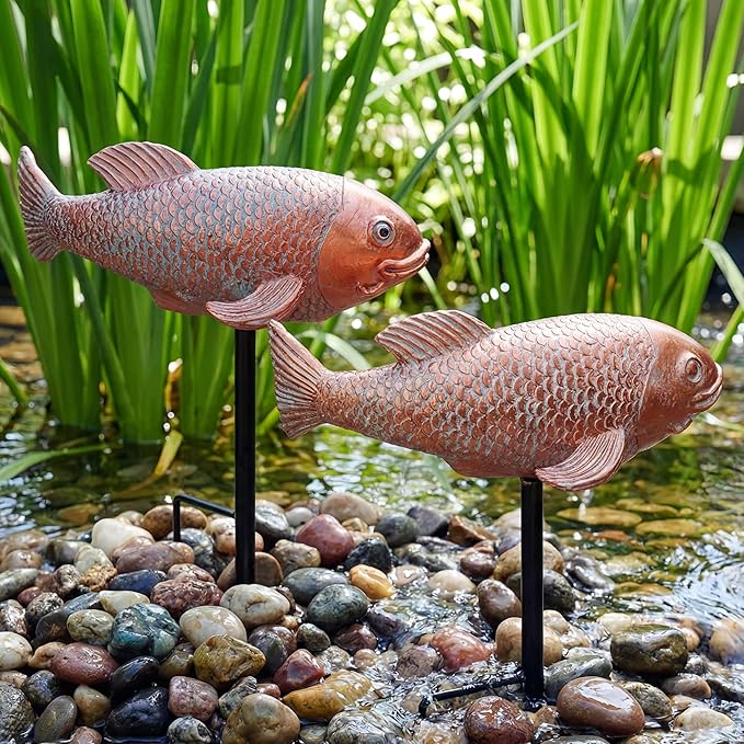 Koi Fish Decor, Set of 2 Antique Koi Garden Statues Art, Pond Accessories, Yard Pond Decor, Large Outdoor Garden Statues Ornaments, Real Fish Sculpture Art (10.8")