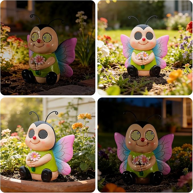 Garden Statues Bee with Solar Moving LED Eyes Outdoor Animal Figurines Decorations for Patio Yard Lawn Ornaments Gifts for Birthday Easter Housewarming (Bee)