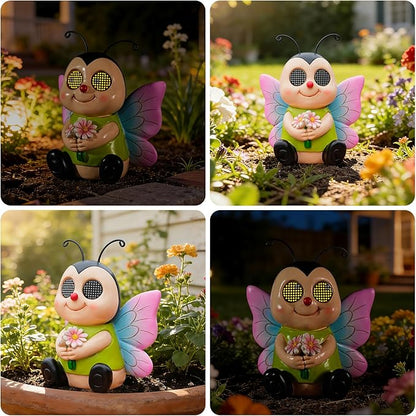 Garden Statues Bee with Solar Moving LED Eyes Outdoor Animal Figurines Decorations for Patio Yard Lawn Ornaments Gifts for Birthday Easter Housewarming (Bee)
