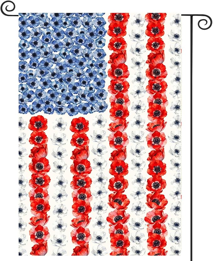 Patriotic Flower American Garden Flag Spring Summer Yard Decor 4th of July Memorial Independence Day Decorations Red White Blue Poppy Banner for Outside 28x40 Double Sided