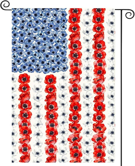 Patriotic Flower American Garden Flag Spring Summer Yard Decor 4th of July Memorial Independence Day Decorations Red White Blue Poppy Banner for Outside 28x40 Double Sided