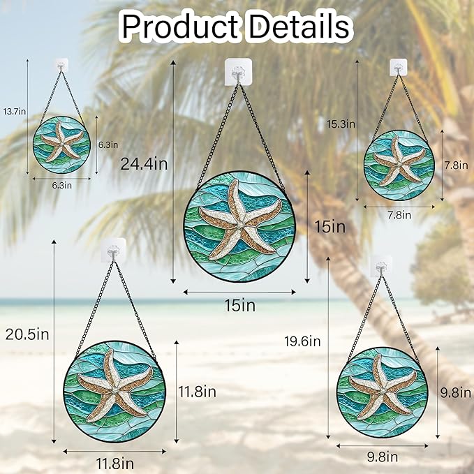 DASTOLL Stained Glass Window Hanging Teal Sea Waves Starfish Large 15" - Suncatcher Door Garden Sun Catcher Home Decor Birthday Mother's Day for Mom Men Woman Parents Her Child Nana