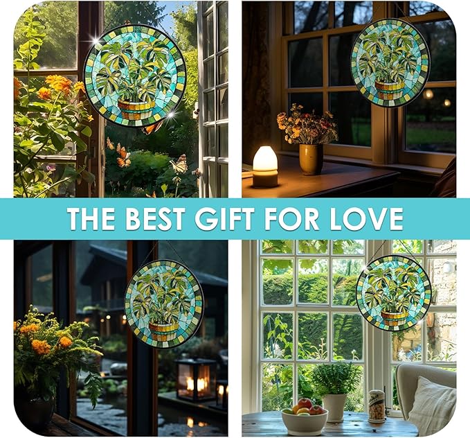 Stained Glass Suncatcher for Window, 7.9" Green Monstera Leaf Sun Catcher Hanging, Colorful Glass Panel Decor for Birthday, Christmas, Housewarming Gifts for Women & Men