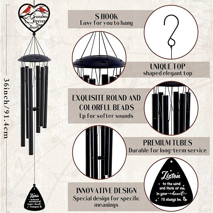 Memorial Wind Chimes for Outside - Loss of Grandma Sympathy Gifts Metal Cardinal Windchimes with Card Garden Patio Yard Backyard Balcony Porch Indoor Outdoor Hanging Decor Remembrance Gift