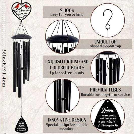Memorial Wind Chimes for Outside - Loss of Grandma Sympathy Gifts Metal Cardinal Windchimes with Card Garden Patio Yard Backyard Balcony Porch Indoor Outdoor Hanging Decor Remembrance Gift