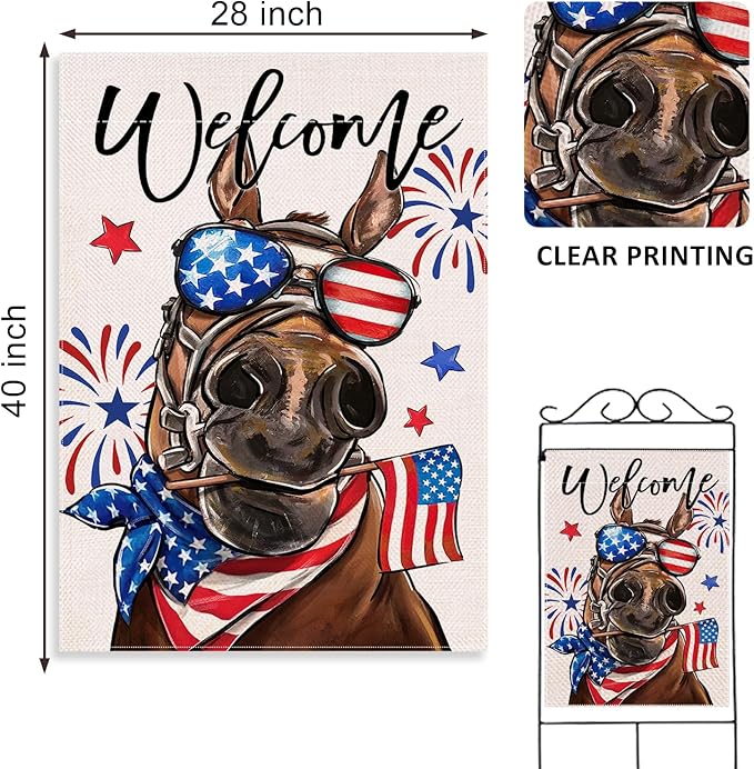 Welcome 4th of July Donkey Patriotic Decorative Flag, America Stars Stripes Firework Garden Yard Outside Decorations, American USA Outdoor Large Home Decor Double Sided 28 x 40
