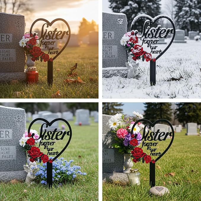 AIM & GGKK Memorial Stake for Sister - Metal Heart Grave Marker with Red Roses, Memorial Plaque Cemetery Decor for Grave, Garden, Gravesite