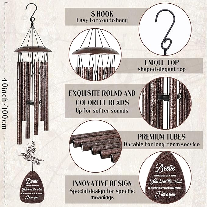 Bestie Gifts for Women - Metal Hummingbird Wind Chimes with Greeting Card Home Art Hanging Decor Outdoors Garden Patio Yard Porch Balcony Decorations Birthday Friendship Gift for Friends