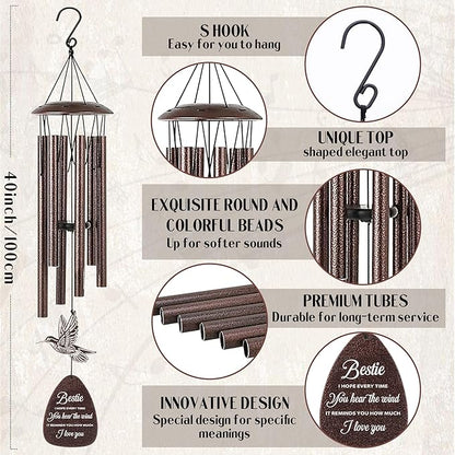 Bestie Gifts for Women - Metal Hummingbird Wind Chimes with Greeting Card Home Art Hanging Decor Outdoors Garden Patio Yard Porch Balcony Decorations Birthday Friendship Gift for Friends