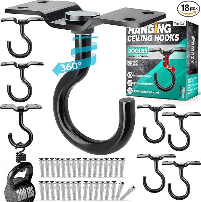 [UPGRADED] 8Pcs 200LBS Rotatable Ceiling Hooks with 4 Screw Points Plate Base, Black Wall Mount Metal Hanger for Hanging Plants, Bird Feeders, Lanterns, Lights, Wind Chimes, Indoor Outdoor Decor
