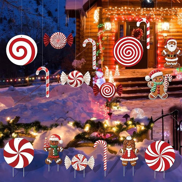 16ct Christmas Decorations Set Outdoor and Indoor Holiday Decor with Festive Candy Canes Gingerbread Ornaments 60 Meter Fishing Line and 28 Glass Fiber Stakes for Tree Yard