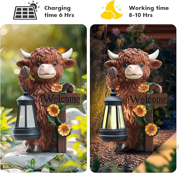 Solar Highland Cow Garden Decoration - Outdoor Waterproof Resin Statues with LED Lantern Lights, Solar Patio Figurines for Yard & Lawn (1-Pack, Auto On/Off), Decor for Inside&Outdoor