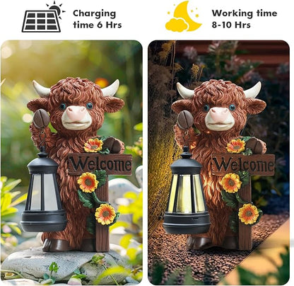 Solar Highland Cow Garden Decoration - Outdoor Waterproof Resin Statues with LED Lantern Lights, Solar Patio Figurines for Yard & Lawn (1-Pack, Auto On/Off), Decor for Inside&Outdoor