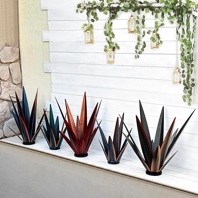 KODIBO Large Tequila Rustic Sculpture, Rustic Metal Agave Plants for Outdoor, Metal Agave Garden Yard Statue, Outdoor Lawn Ornaments Yard Stakes (Rusty - L (W/Solar Light))