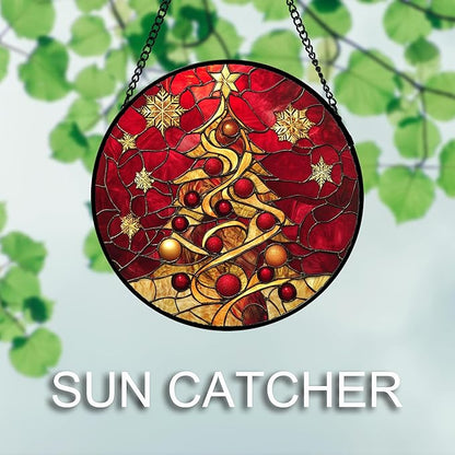 DASTOLL Stained Glass Window Hanging 4 Pcs Set Red Christmas Elk Snowflakes 6.3" - Deer Suncatcher Door Garden Sun Catcher Decor Birthday for Mom Woman Nana Men Friend