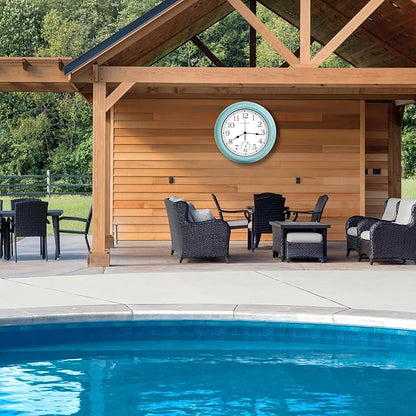 Crosstime 12 Inch Outdoor Clock Waterproof with Thermometer,Vintage Indoor Outdoor Wall Clocks for Patio, Pool, Garden, Bathroom Wall Decor - Teal