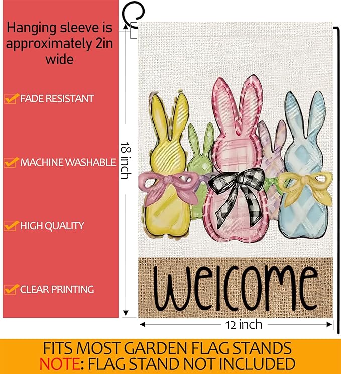 Easter Garden Flag 12x18 Inch Vertical Double Sided, Welcome Easter Bunny Rabbit Yard Flags for Outside Decor, Spring Holiday Outdoor Seasonal Decorations for Home