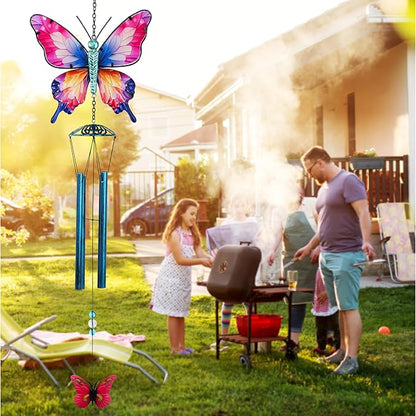 CoTa Global Magical Butterfly Wind Chime - Insect-Themed Metal Hanging Decor with Metallic Blue-Tone Tubes and Beaded Accents, Indoor Outdoor Porch Patio Garden Decoration - 32 Inches