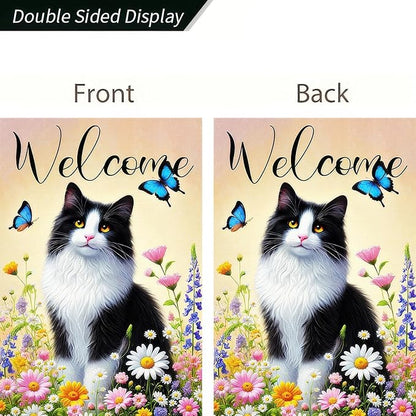 BlissYard Welcome Garden Flag Spring Summer Cat Garden Flag 12x18 Inch Double Sided Flags Black White Cat Floral Butterfly Outdoor Yard Lawn Porch Decor Banner