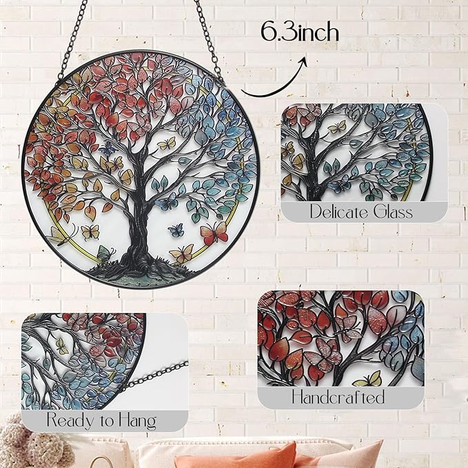 Stained Glass Sun Catcher for Windows Hanging - Handmade Tree of Life Window Decor for Women, Mom, Indoor/Outdoor Suncatchers for Home Garden, Christmas Wedding Housewarming Gift (6.31x6.31In)